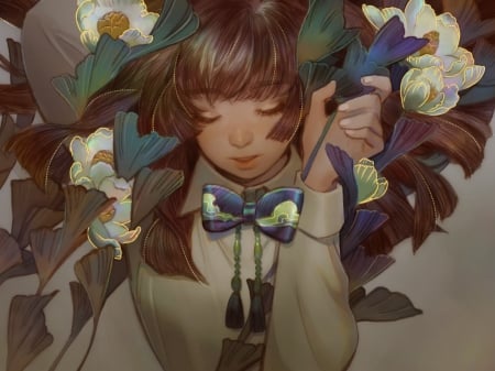 :) - brown, kid chan, girl, fantasy, flower