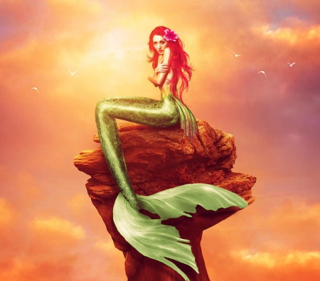 Sad loneliness - vara, girl, charllieearts, summer, fantasy, luminos, mermaid, siren, green, orange