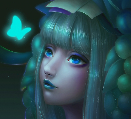 Aoandon - blue, ming ngo, girl, onmyouji, aoandon, green, butterfly, face, luminos