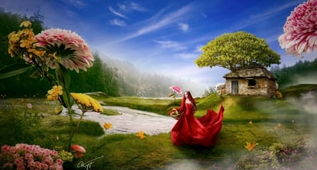 The unpredictible danger - red, flower, niyya00, red riding hood, fantays, girl, blue, tree, luminos, green