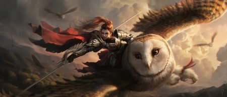 Sky keepers - owl, rodrigo ramos, fantasy, wings, girl, bufnita, art, luminos