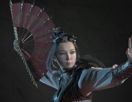 Fighter - fighter, hand fan, fantasy, girl, sergey kudryavtsev, asian, luminos, ahnd