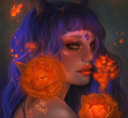 Animositi - tati moons, fantasy, blue, girl, face, orange, flower