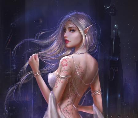 Elf beauty - elf, tattoo, tatiana hordiienko, fantasy, blue, girl