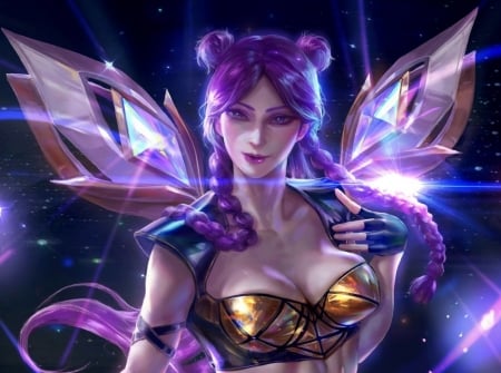 Fantasy girl - girl, wings, frumusete, xiaobotong, fantasy, purple, luminos, pink, blue, kda