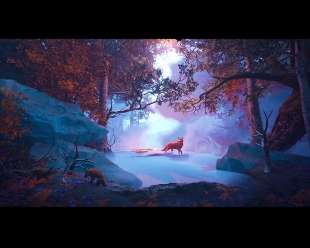 Red Woods - blue, wolf, tyler smith, forest, tree, lup, fantasy, red, leaf, luminos