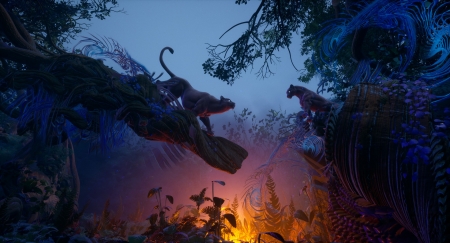 Jungle cats - blue, tyler smith, orange, dark, fantasy, world, jungle, panther, luminos