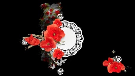 Poppies on Lace - abstract, poppy, poppies, Firefox theme, summer, lacy, spring, flowers, floral, wild, doily