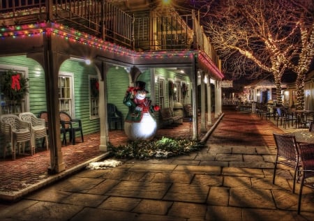 Snowman - house, lights, cafe, chairs, night