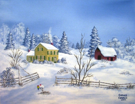 Country Wintertime - farm, winter, christmas, country, painting, holidays, snow, house, barn