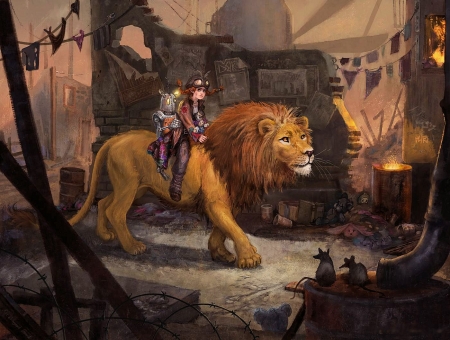 Where the lost things go - art, ruins, girl, lion, mice