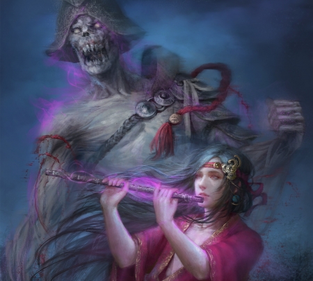 Demonic charmer - flute, girl, instrument, fantasy, art, alexandra valentine, pink, blue, demon