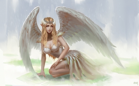 Angel - angel, girl, rain, wings, frumusete, fantasy, art, luminos, feather, h ch