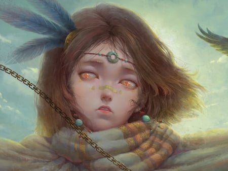 Song of the wind (detail) - face, art, girl, luminos, feather, scarf, mu liao, fantasy