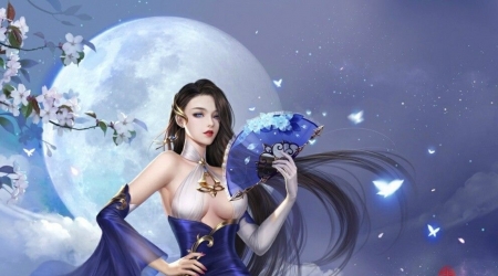 Girl with hand fan - moon, girl, frumusete, asian, fantasy, feimo, white, hand fan, luminos, blue, luna