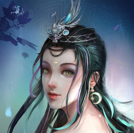 Princess - moon, earring, girl, jewel, frumusete, fantasy, princess, face, asian, hope lee, luminos, luna