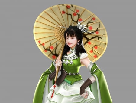 Youn - fantasy, umbrella, parasol, yellow, green, girl, hotduck yoon, luminos