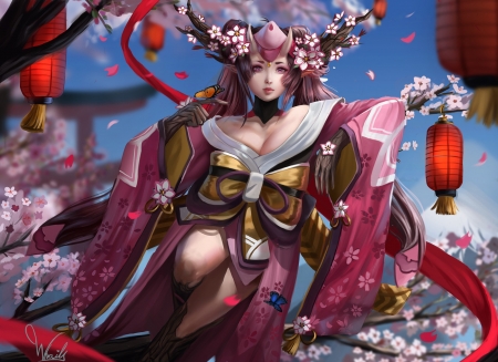 Momo - sakura, lana kerr, girl, spring, kimono, flower, pink, lantern, onmyouji, horns, frumusete, fantasy, momo, luminos