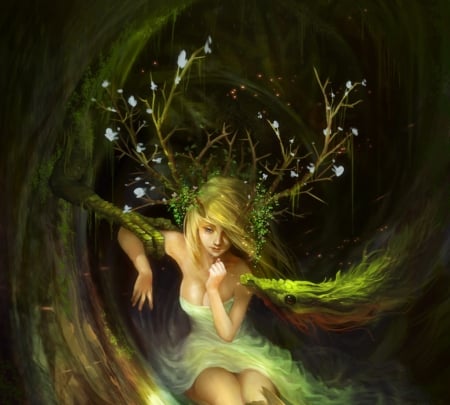 Fantasy girl - frumusete, horns, art, forest, luminos, creature, dragon, green, ming yee sheh