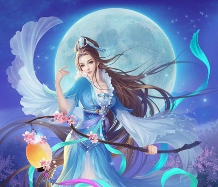 Fantasy girl - girl, frumusete, luna, blue, white, lantern, fantasy, moon, luminos