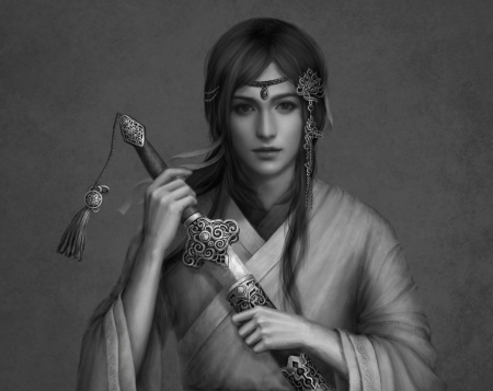 Boy with sword - frumusete, bw, asian, black, fantasy, white, alexandra valentine, hand, luminos, sword, prince