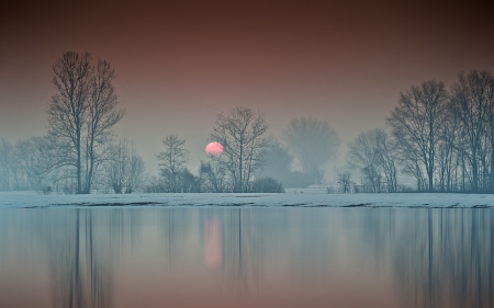 Sunrise - morning, lake, trees, dawn, winter