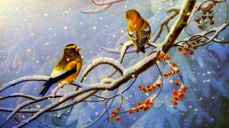 :-) - winter, painting, birds, branch