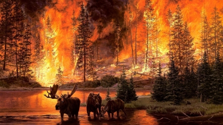 Moose - forest, painting, fire, moose