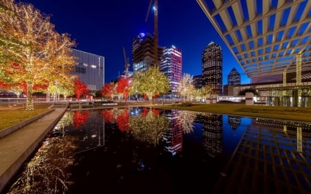 Dallas - usa, reflections, texas, winter, water, lights, colors, city