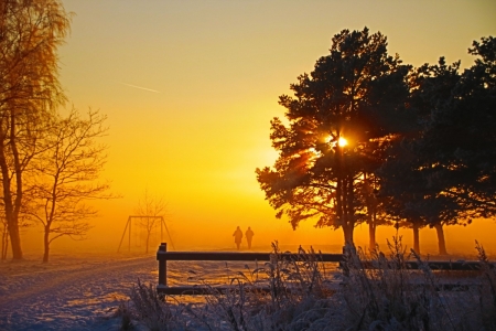 Winter at Latvia - trees, sunset, persons, snow, fence, sun