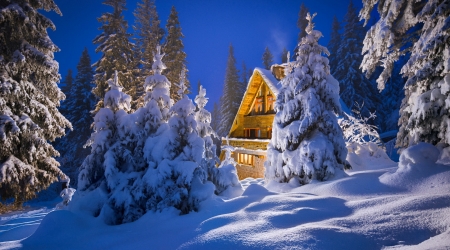 Winter in Bulgaria - chalet, trees, mountain, snow, beautiful, winter, dusk, bulgaria