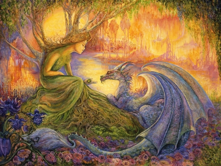 The dryad and the dragon - fantasy, josephine wall, dragon, fairy, dryad, orange, art, luminos