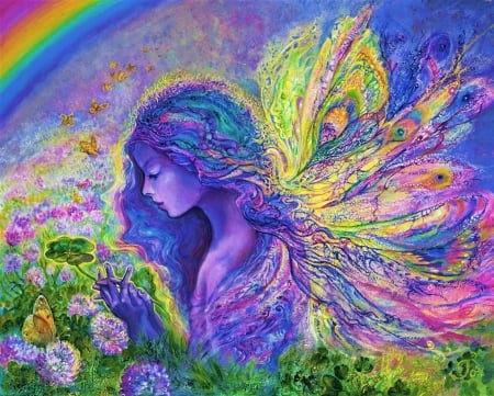 Fairy - girl, wings, fantasy, art, luminos, blue, josephine wall, fairy, flower