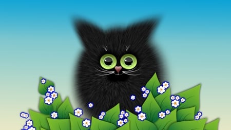 Cat - happy life, vector, cat, blue, pisici, green, black, flower