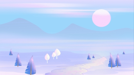 Winter sunset - moon, happy life, vector, pink, blue, luna, sn