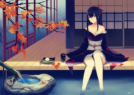 :-) - autumn, akexiel, anime, water, leaf, kimono, grl, manga