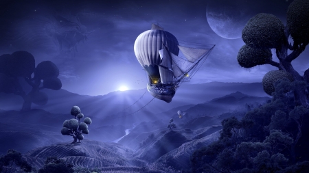 Moonrise - airship, sky, landscape, ship, art