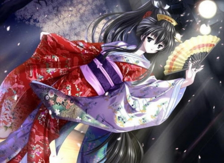 Geisha With Hand Fan - geisha, hand, long hair, brunette, han