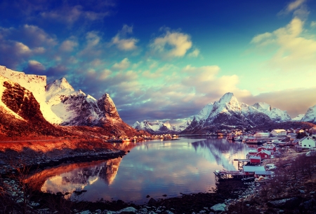 Sunset in Lofoten Island - Norway, Clouds, Winter, Sun, Sky