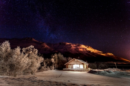 Winter night - Mountains, Light, Night, Stars, House