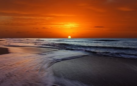 Sunset on the beach - orange, beach, sunset, waves