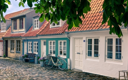 Street in Old Town - street, benches, chestnut, bicycle, houses