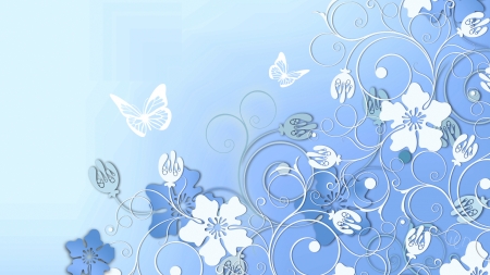 Spring Blues - swirls, sumemr, delicate, spring, 3d, blue, paper, flowers, butterflies, firefox theme