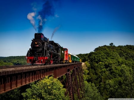 steam train - steam, train, tree, bridge