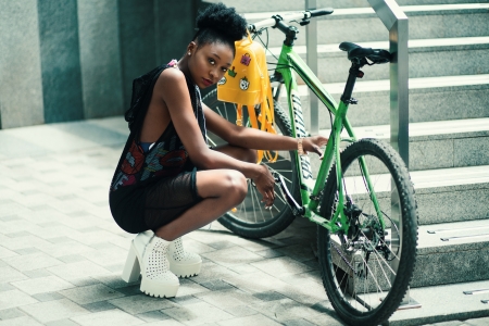 Girl & a green bicycle - urban, female, green, model, girl, 4K, steps