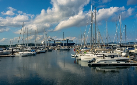 Harbor in Baltic Sea - ship, sailboats, clouds, marina, water, harbor, yachts