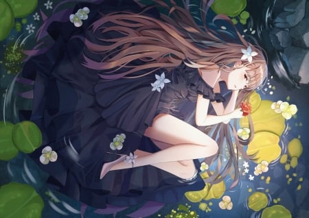 :-) - summer, flower, water, yellow, anime, girl, dress, blue, manga, vara, mobu