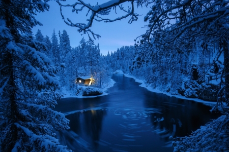 Winter River - wood, trees, winter, park, house