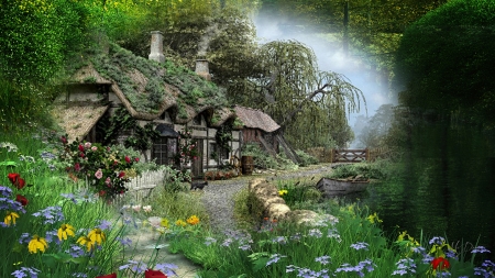 Summer Cottage Collage - Firefox theme, summer, pond, cabin, collage, flowers, painting, garden, lake, cottage