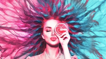 :-) - face, youssef abdelrahman, pink, kiss, neon, girl, fantasy, luminos, lemon